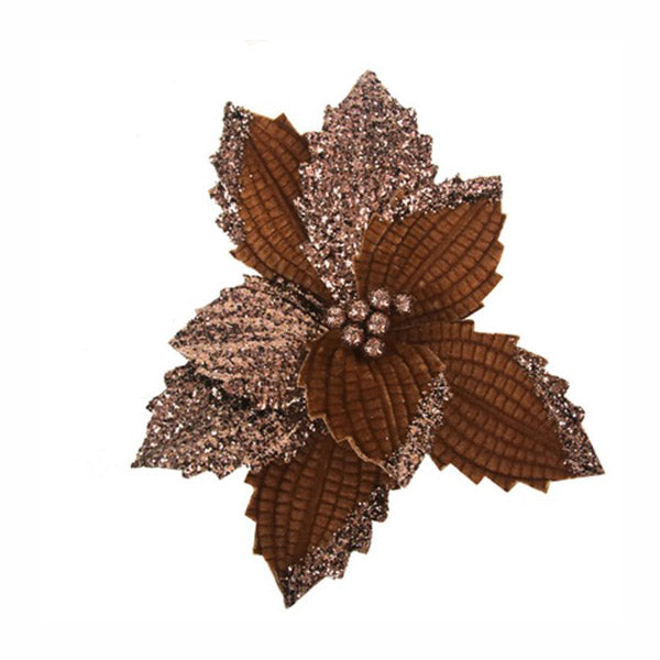 Textured Chocolate Poinsettia Flower Clip with Chocolate Glitter 28cm
