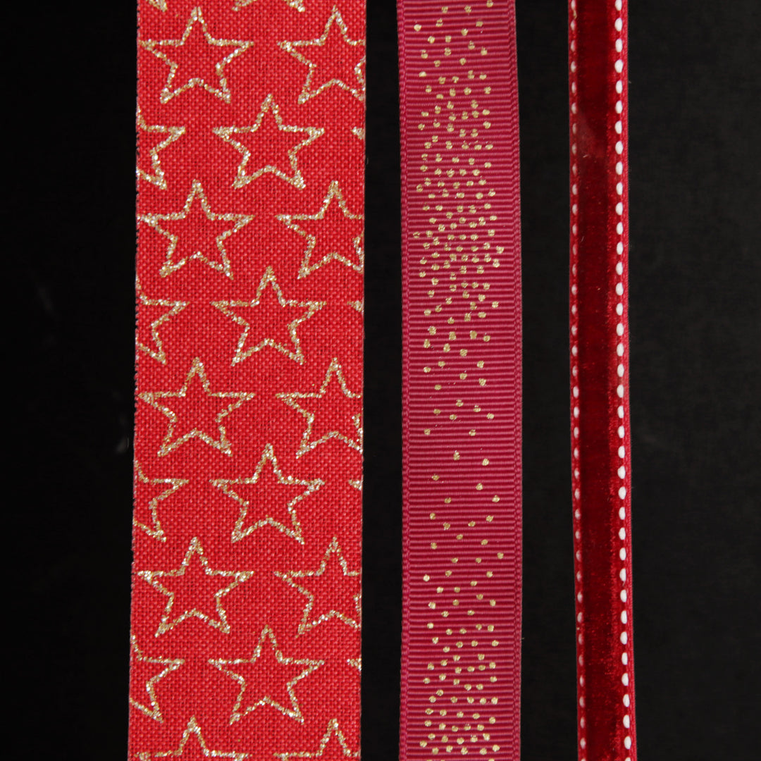 Three Assorted Burgundy and Gold Stars and Dots Christmas Ribbons