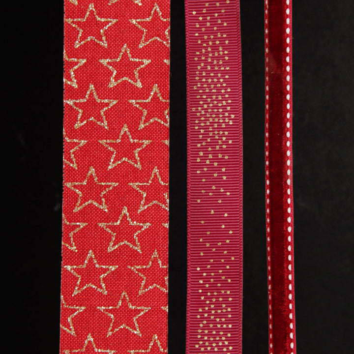 Three Assorted Burgundy and Gold Stars and Dots Christmas Ribbons
