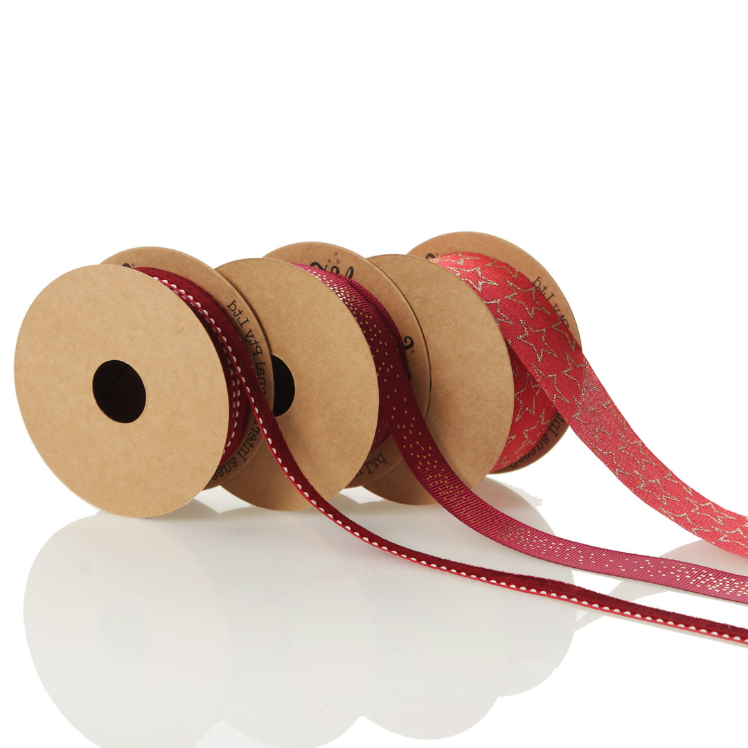 Three Assorted Burgundy and Gold Stars and Dots Christmas Ribbons