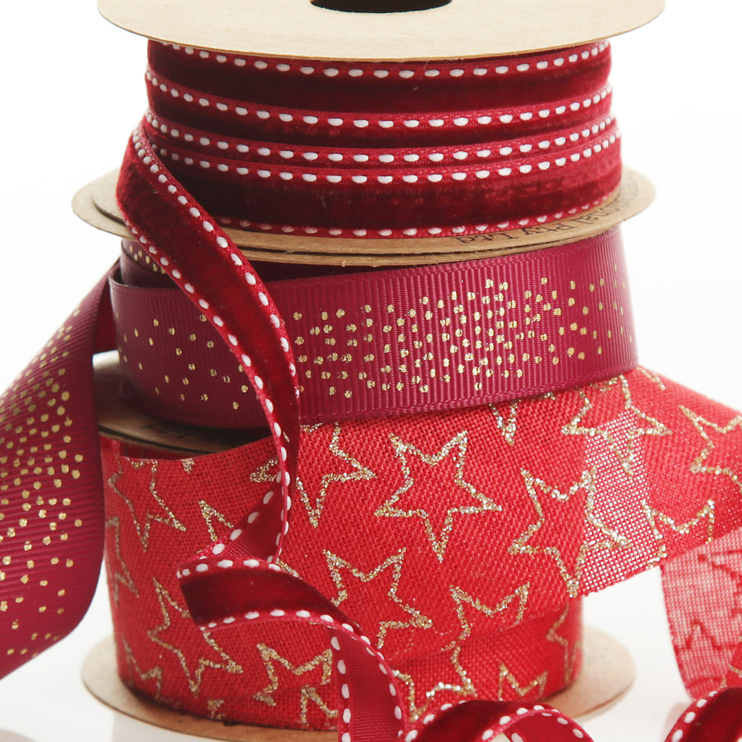 Three Assorted Burgundy and Gold Stars and Dots Christmas Ribbons