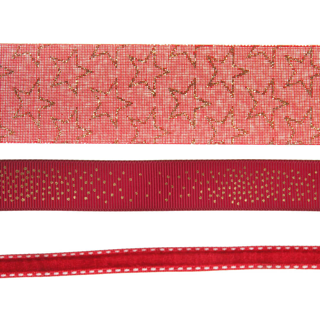 Three Assorted Burgundy and Gold Stars and Dots Christmas Ribbons