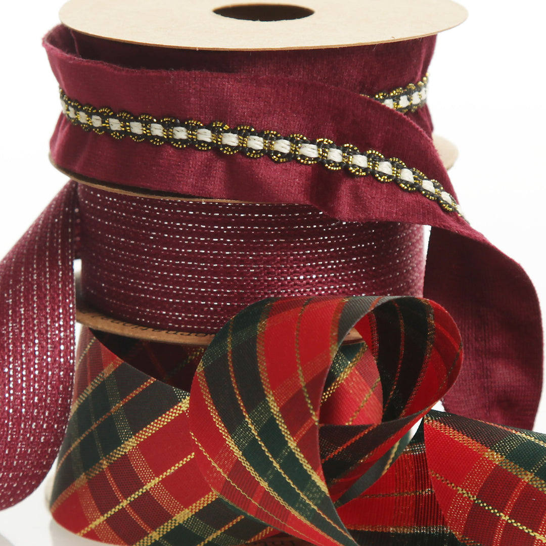 Three Assorted Burgundy Tartan and Braid Christmas Ribbons