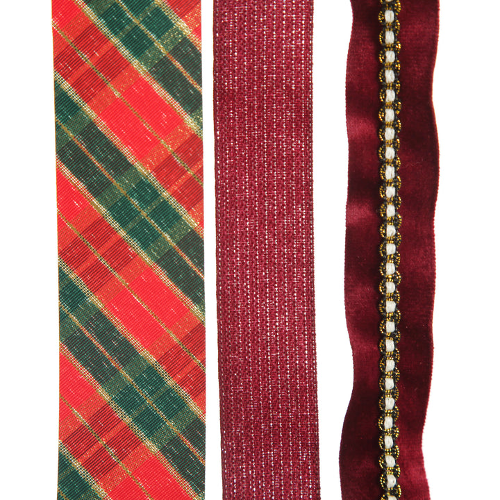 Three Assorted Burgundy Tartan and Braid Christmas Ribbons