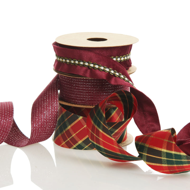 Three Assorted Burgundy Tartan and Braid Christmas Ribbons