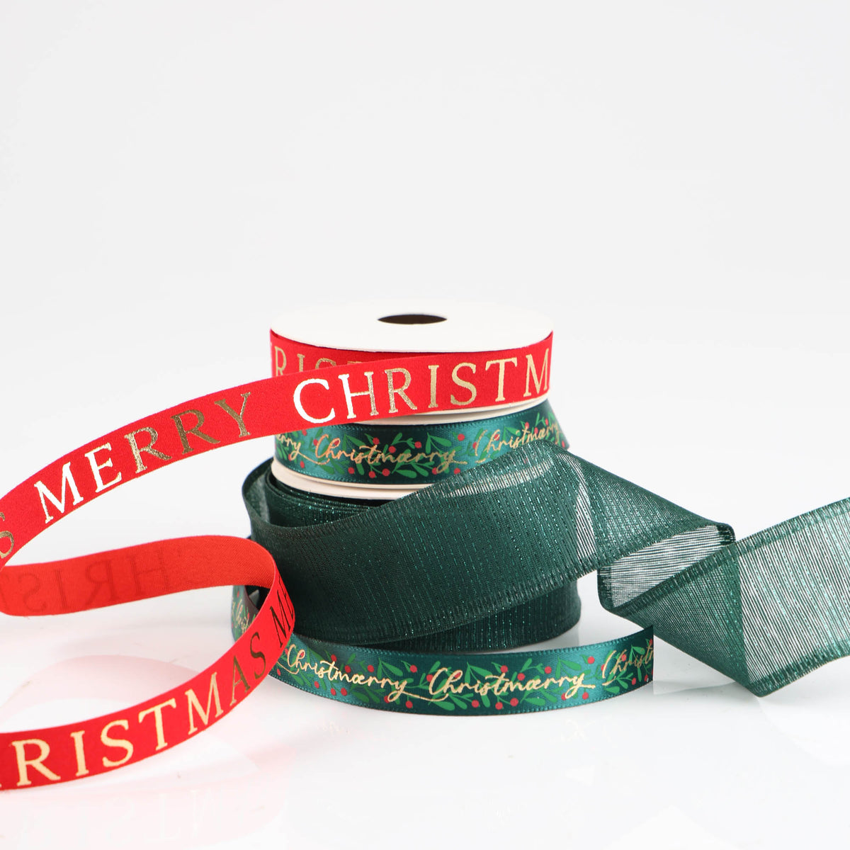 Three Assorted Green and Red Merry Christmas Ribbons - 5m