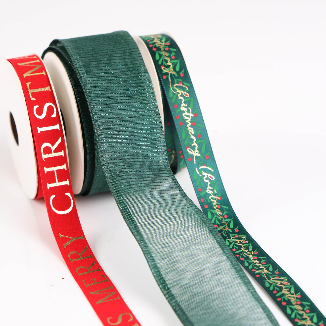 Three Assorted Green and Red Merry Christmas Ribbons - 5m