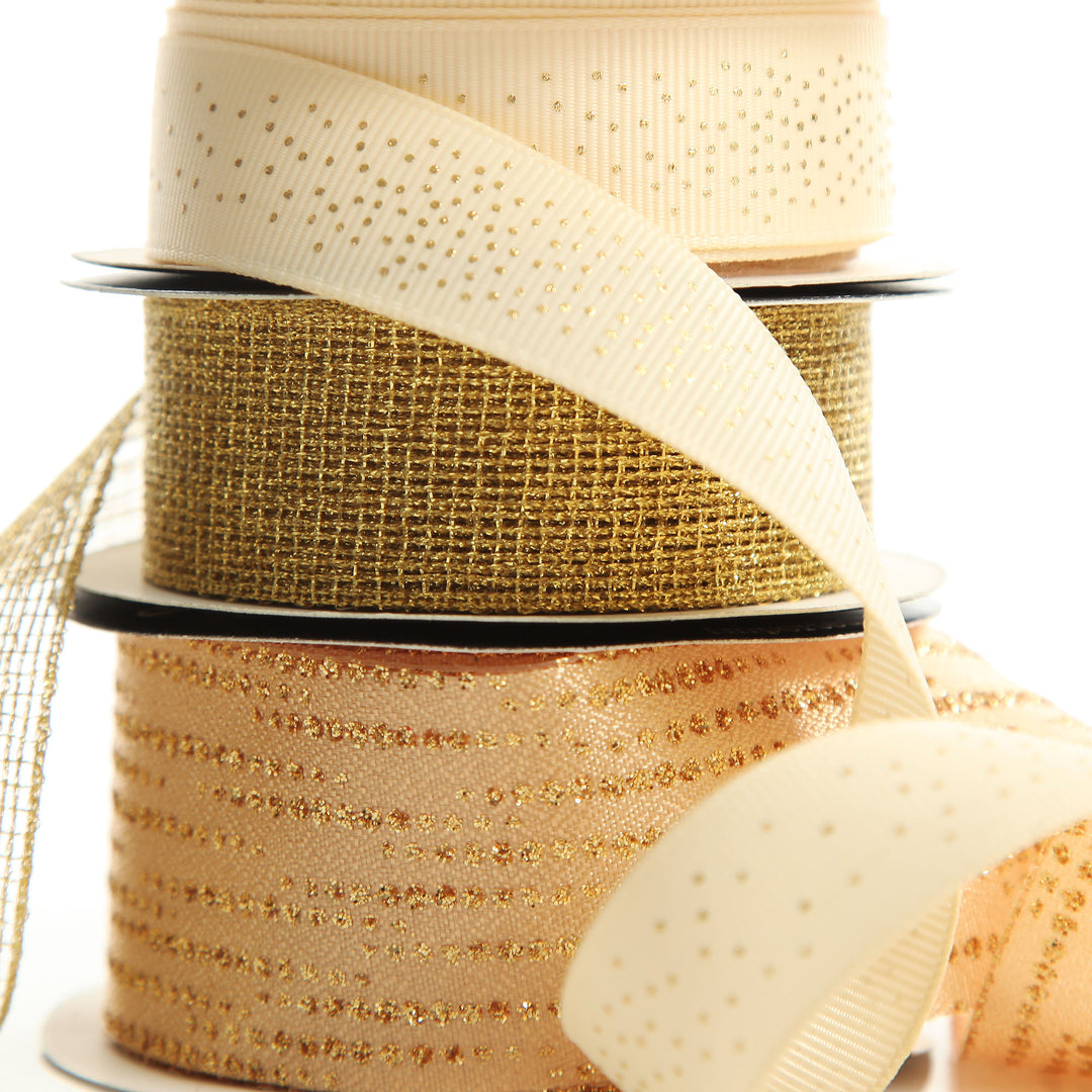 Three Assorted Ivory and Champagne Mesh and Glitter Dots Christmas Ribbons