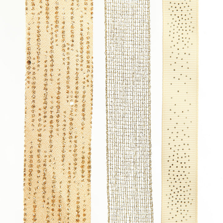 Three Assorted Ivory and Champagne Mesh and Glitter Dots Christmas Ribbons