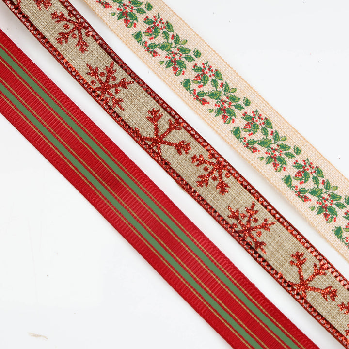 Three Assorted Red Holly and Snowflake Christmas Ribbons - 5m