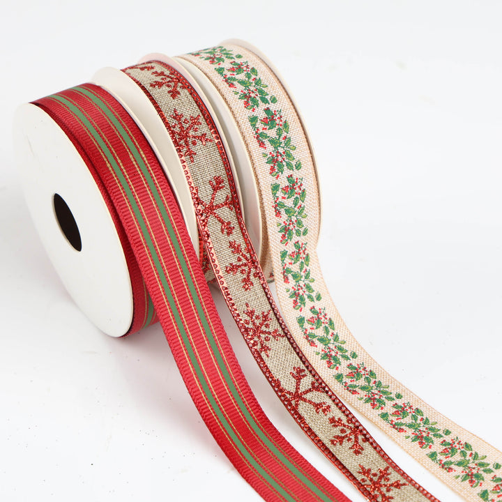 Three Assorted Red Holly and Snowflake Christmas Ribbons - 5m