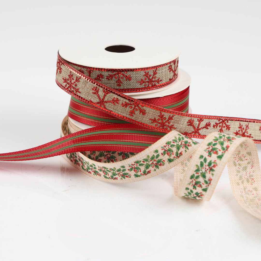 Three Assorted Red Holly and Snowflake Christmas Ribbons - 5m