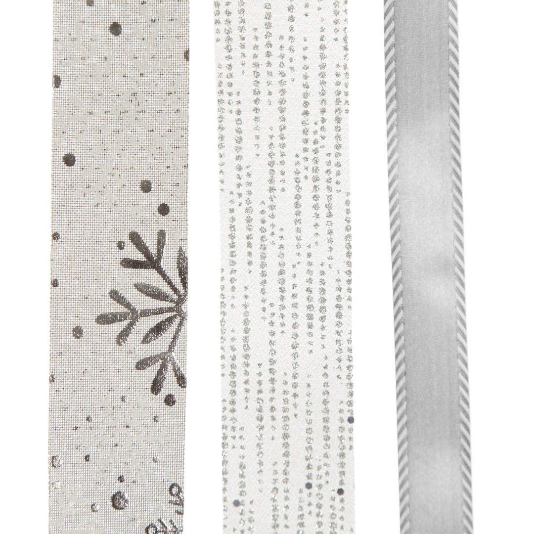 Three Assorted Silver Snowflakes and Dots Christmas Ribbons