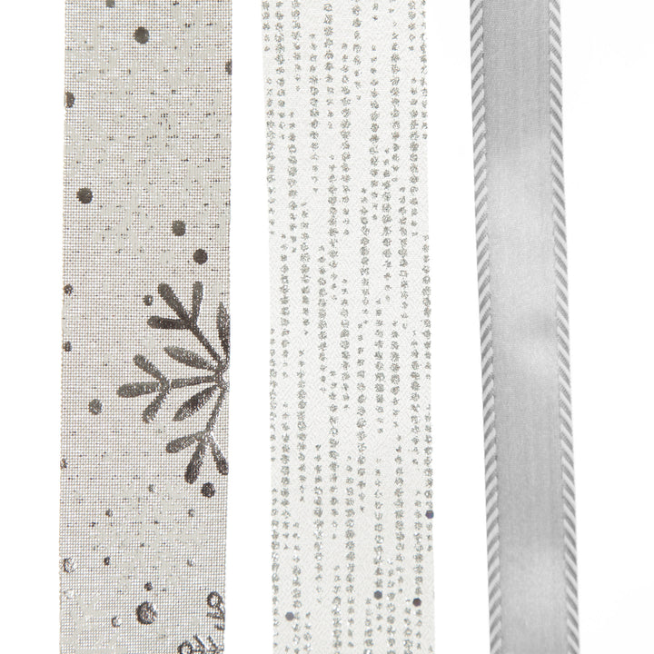 Three Assorted Silver Snowflakes and Dots Christmas Ribbons