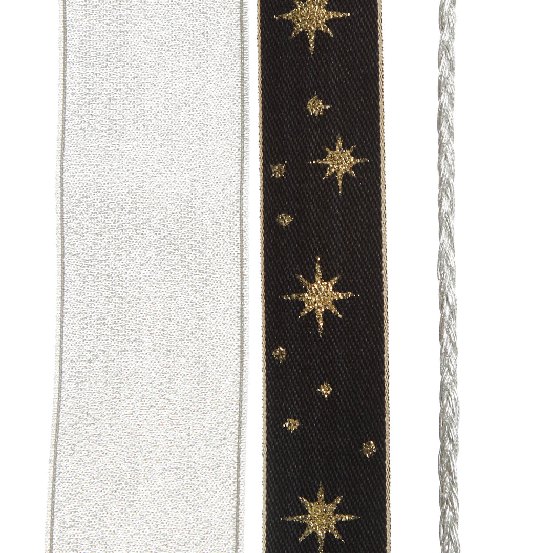 Three Assorted Silver and Blue Braid and Glitter Christmas Ribbons