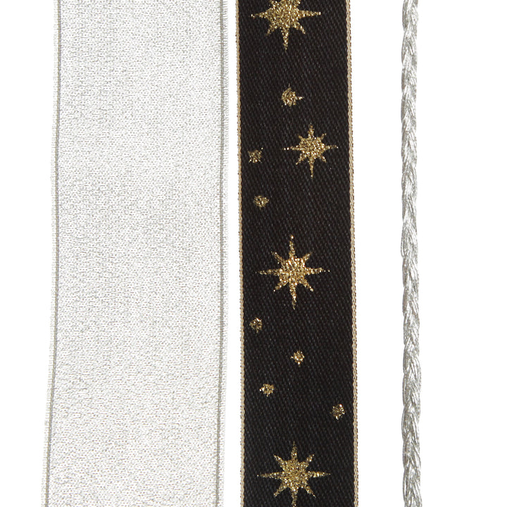 Three Assorted Silver and Blue Braid and Glitter Christmas Ribbons