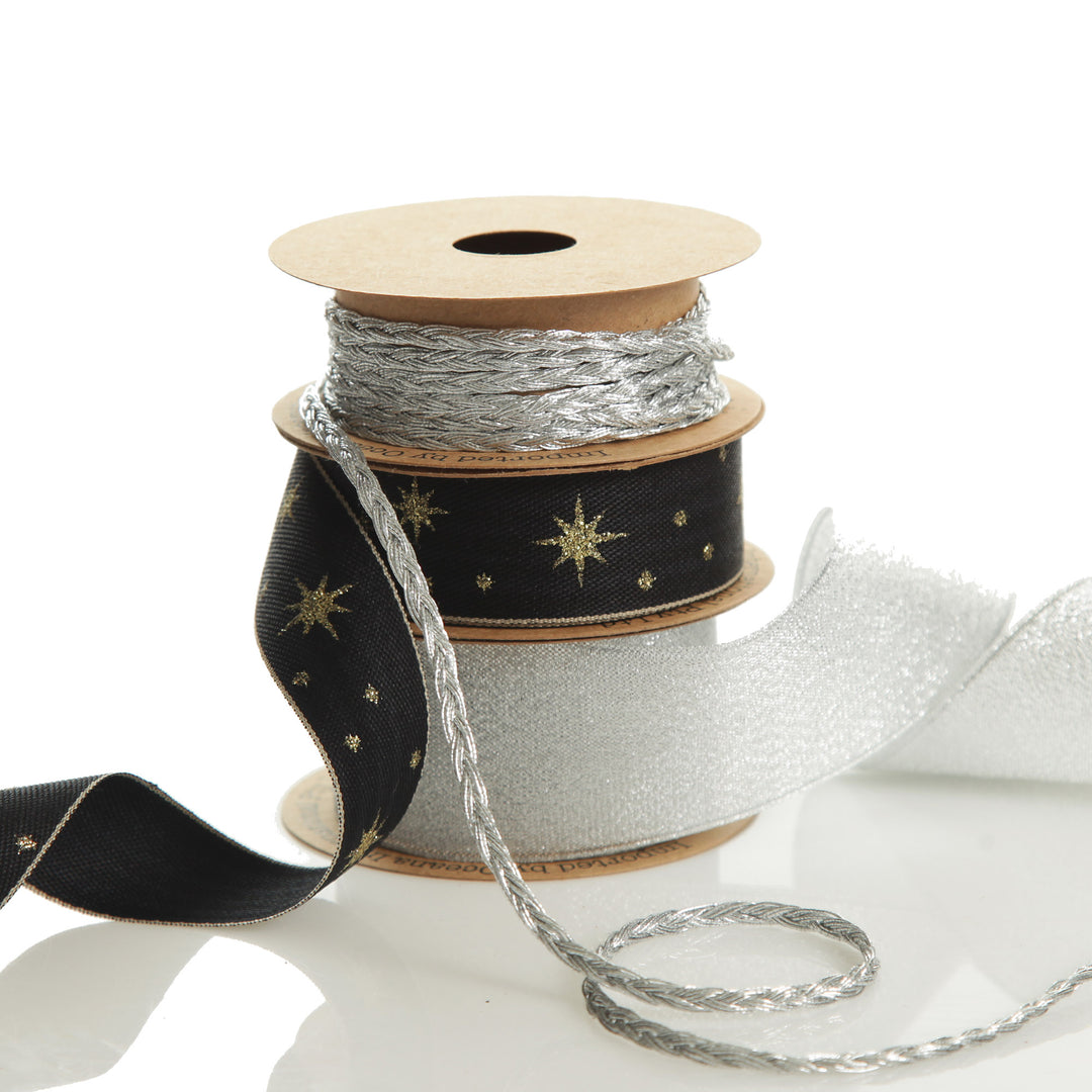 Three Assorted Silver and Blue Braid and Glitter Christmas Ribbons