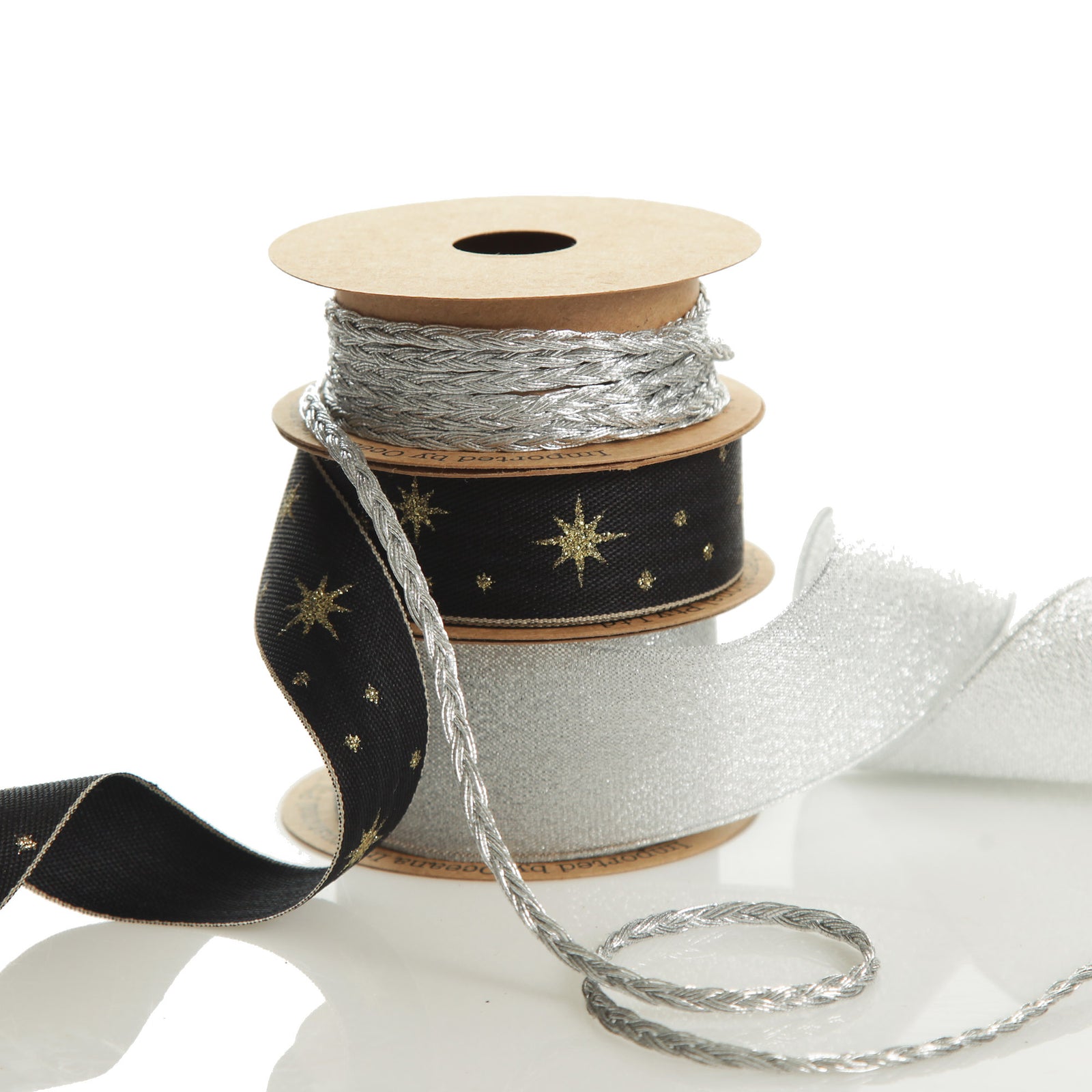 Three Assorted Silver and Blue Braid and Glitter Christmas Ribbons
