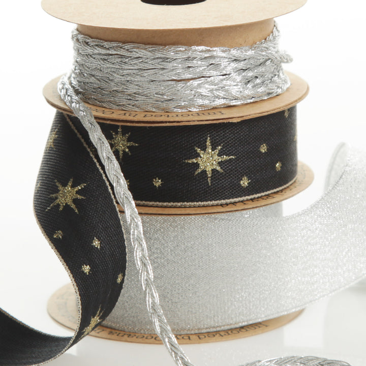Three Assorted Silver and Blue Braid and Glitter Christmas Ribbons