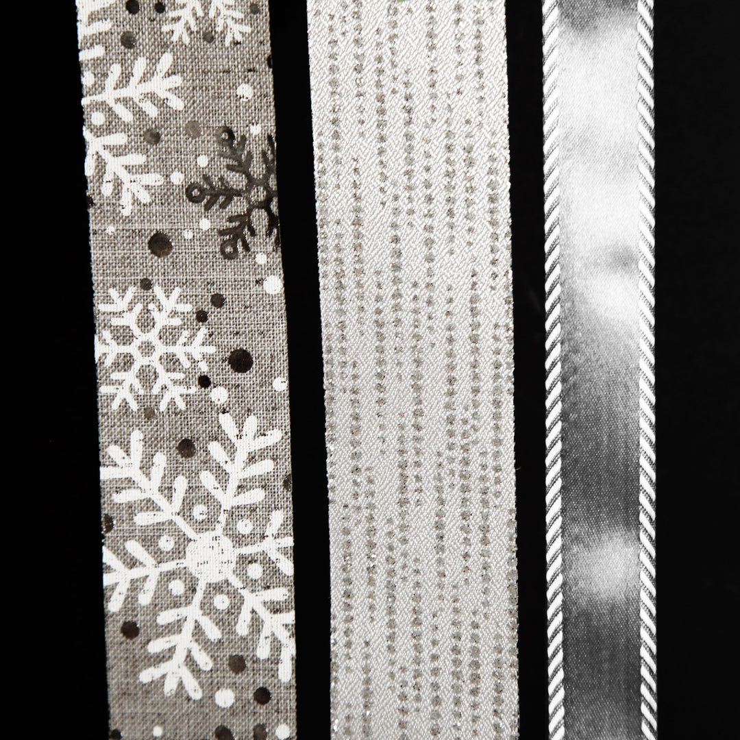 Three Assorted Silver Snowflakes and Dots Christmas Ribbons