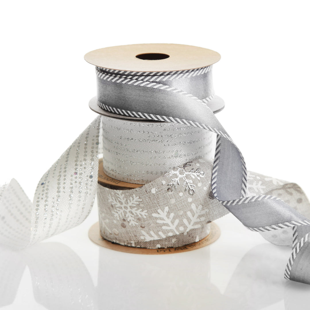 Three Assorted Silver Snowflakes and Dots Christmas Ribbons