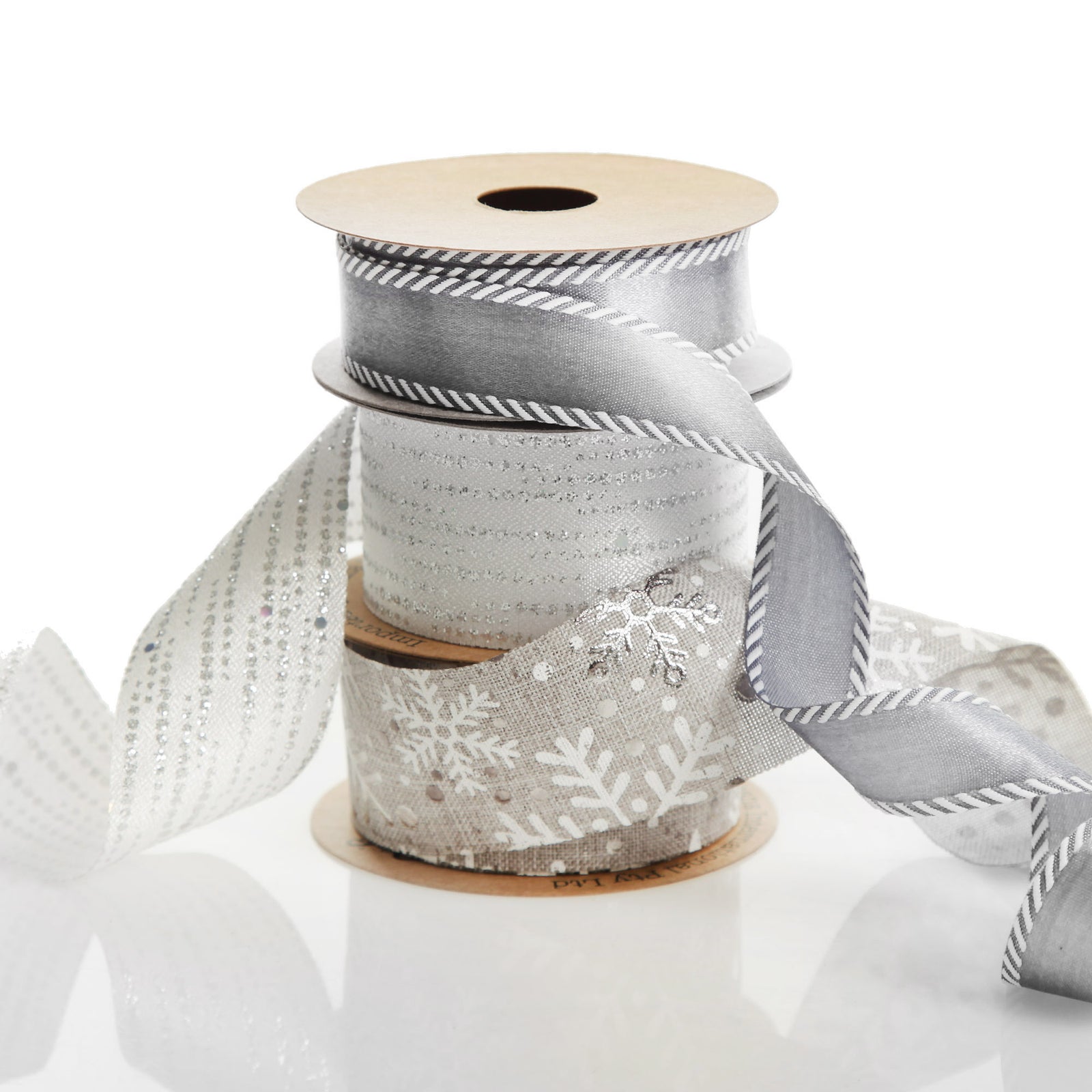 Three Assorted Silver Snowflakes and Dots Christmas Ribbons