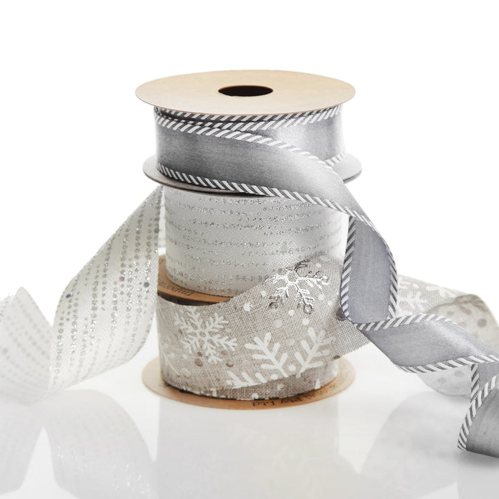Three Assorted Silver Snowflakes and Dots Christmas Ribbons