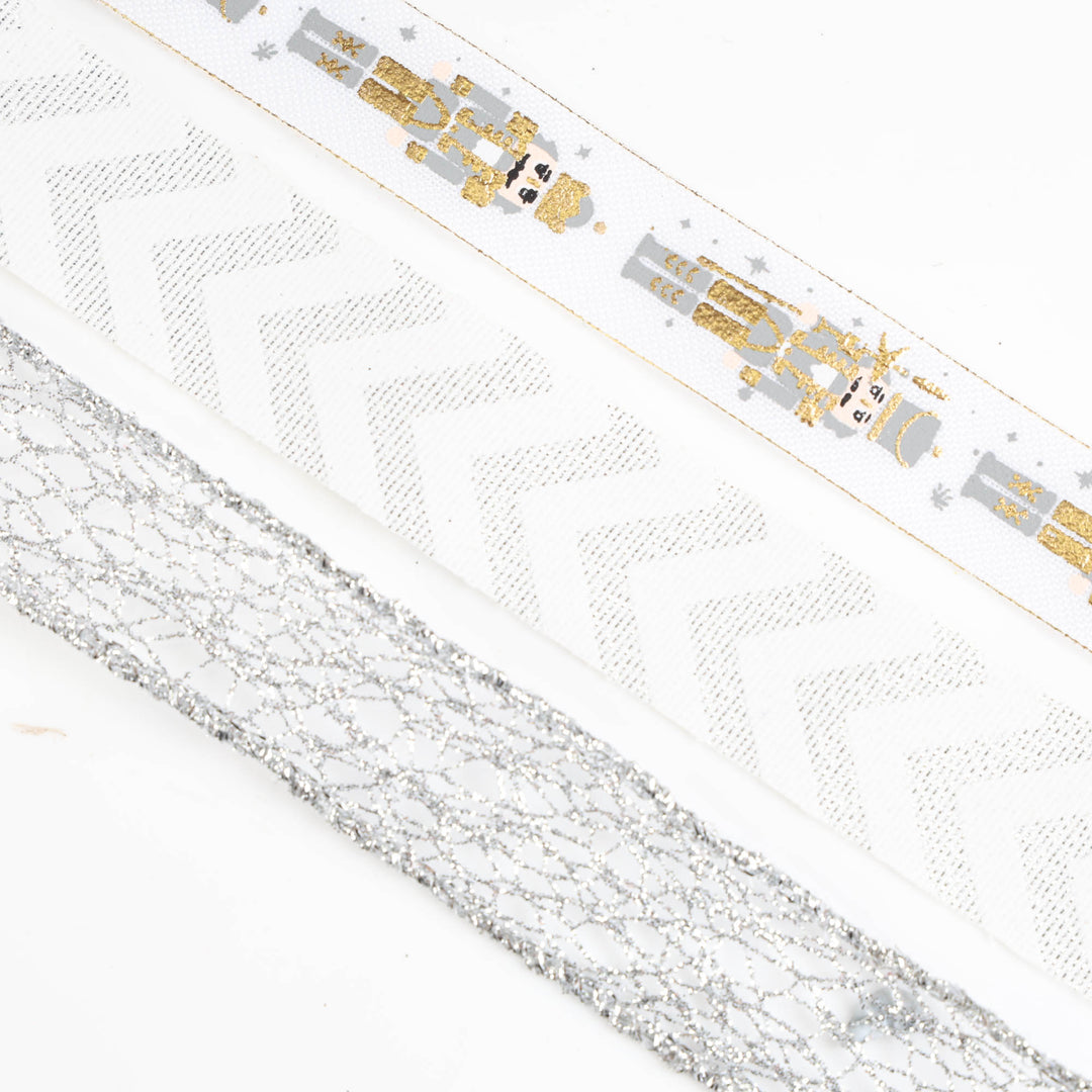 Three Assorted White Silver and Gold Christmas Ribbons - 5m