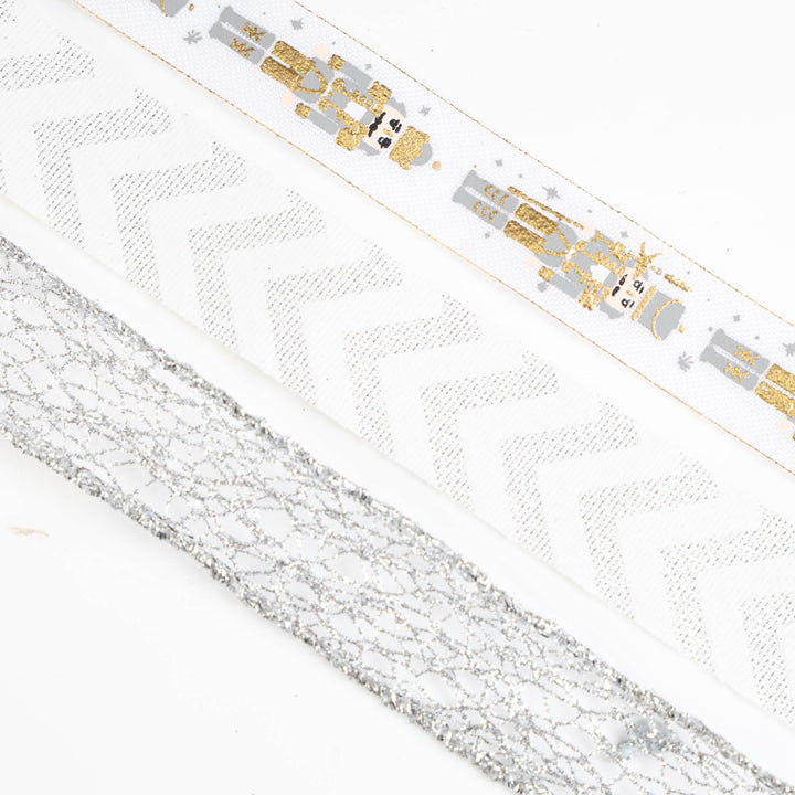 Three Assorted White Silver and Gold Christmas Ribbons - 5m
