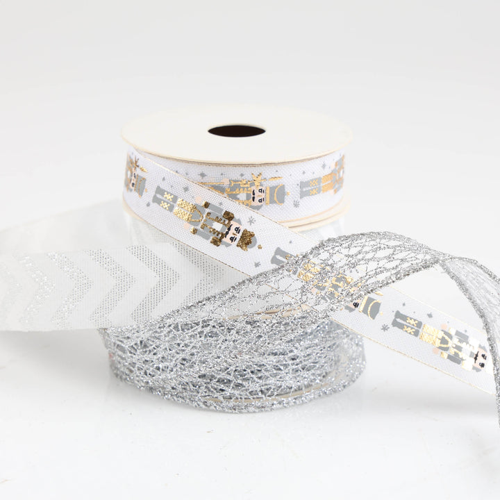 Three Assorted White Silver and Gold Christmas Ribbons - 5m