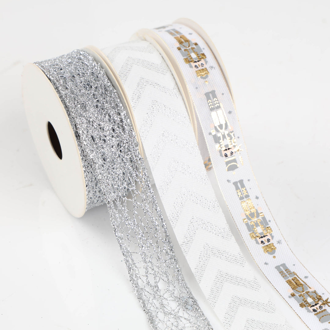 Three Assorted White SIlver and Gold Christmas Ribbons - 5m