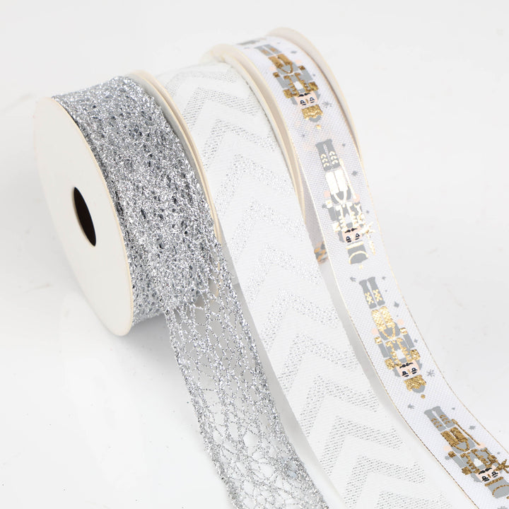 Three Assorted White SIlver and Gold Christmas Ribbons - 5m
