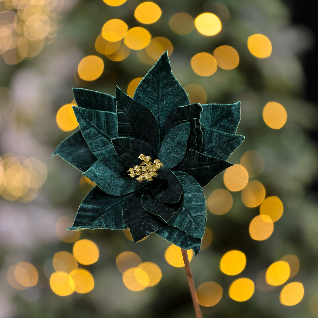 Timeless Christmas Elegance Dark Green Velvet Flower Stem With Gold Centre