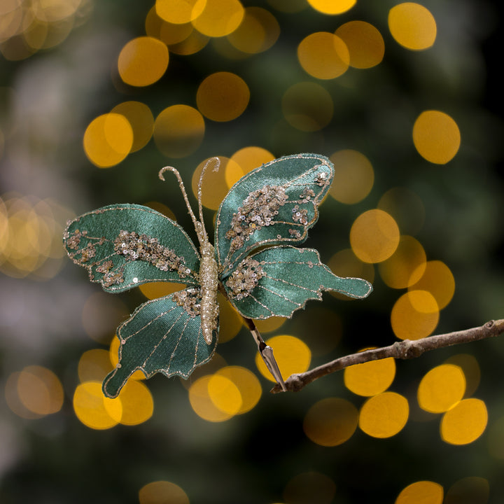 Timeless Christmas Elegance Green Velour And Glitter Butterfly Clip