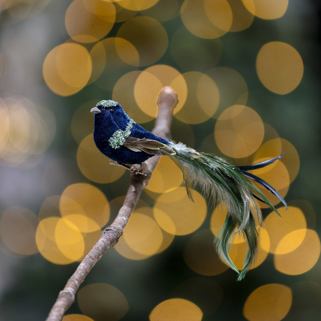 Timeless Christmas Elegance Green Velvet Bird Clip with Feather Tail2