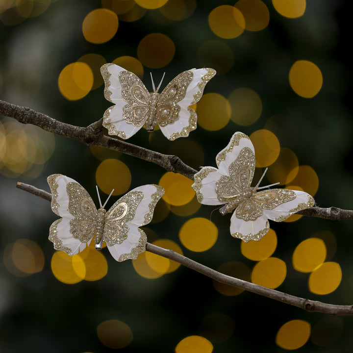  Timeless Christmas Elegance Ivory And Champagne Butterfly Clips Pack of Three