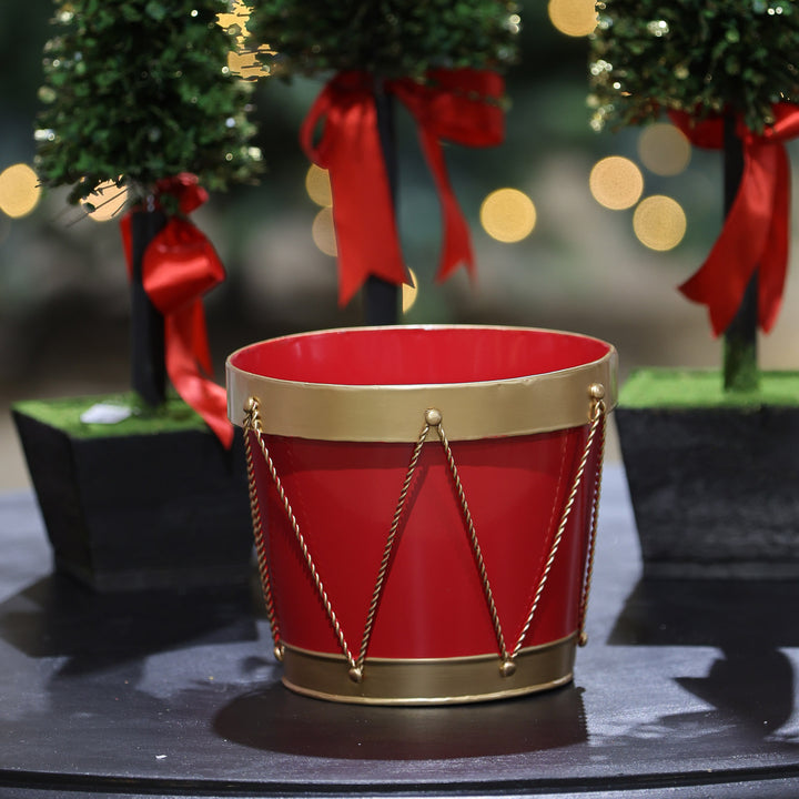 Red and Gold Christmas Drum Planter Pot