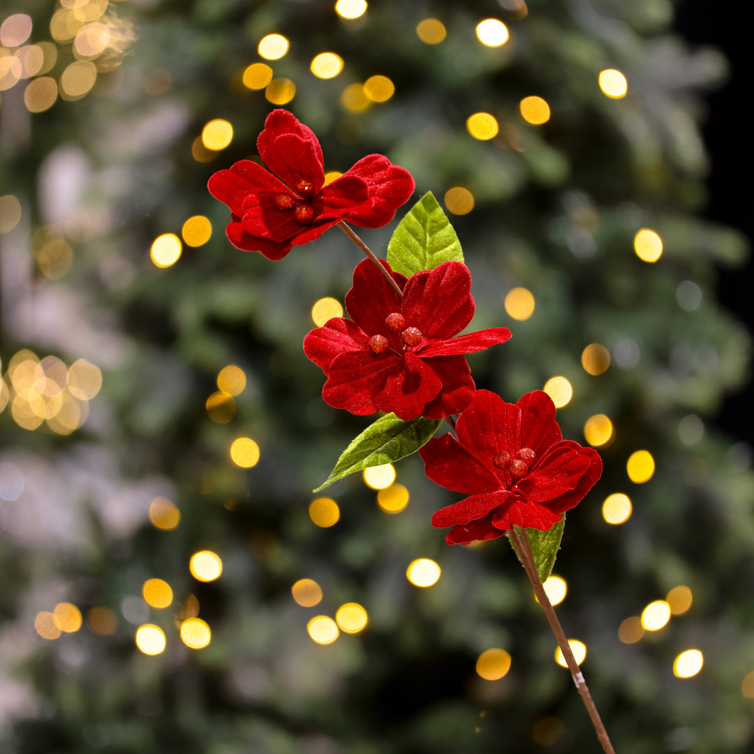 Timeless Christmas Elegance Red Magnolia Flower Trio Stem