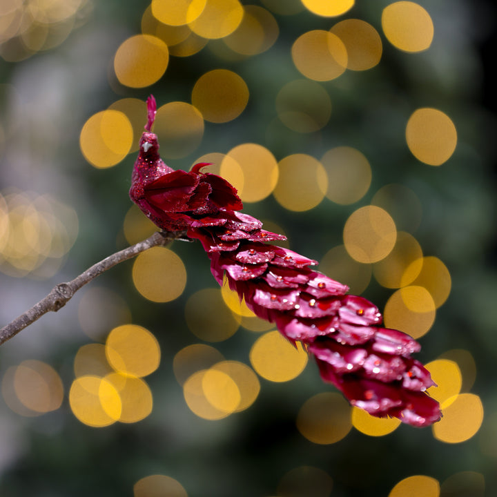 Timeless Christmas Elegance Red Peacock Clip with Pearls and Glitter