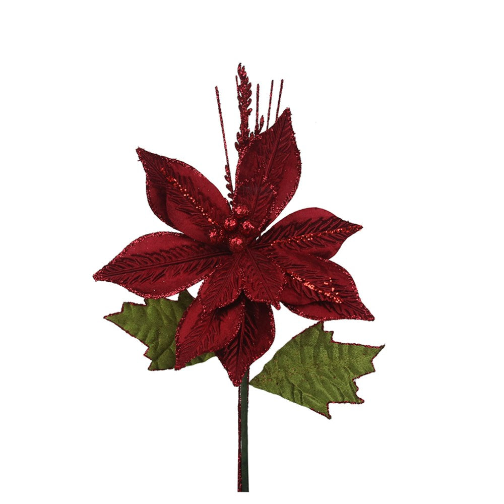 Traditional Burgundy Poinsettia Stem with Glitter Detail - 33cm (L)