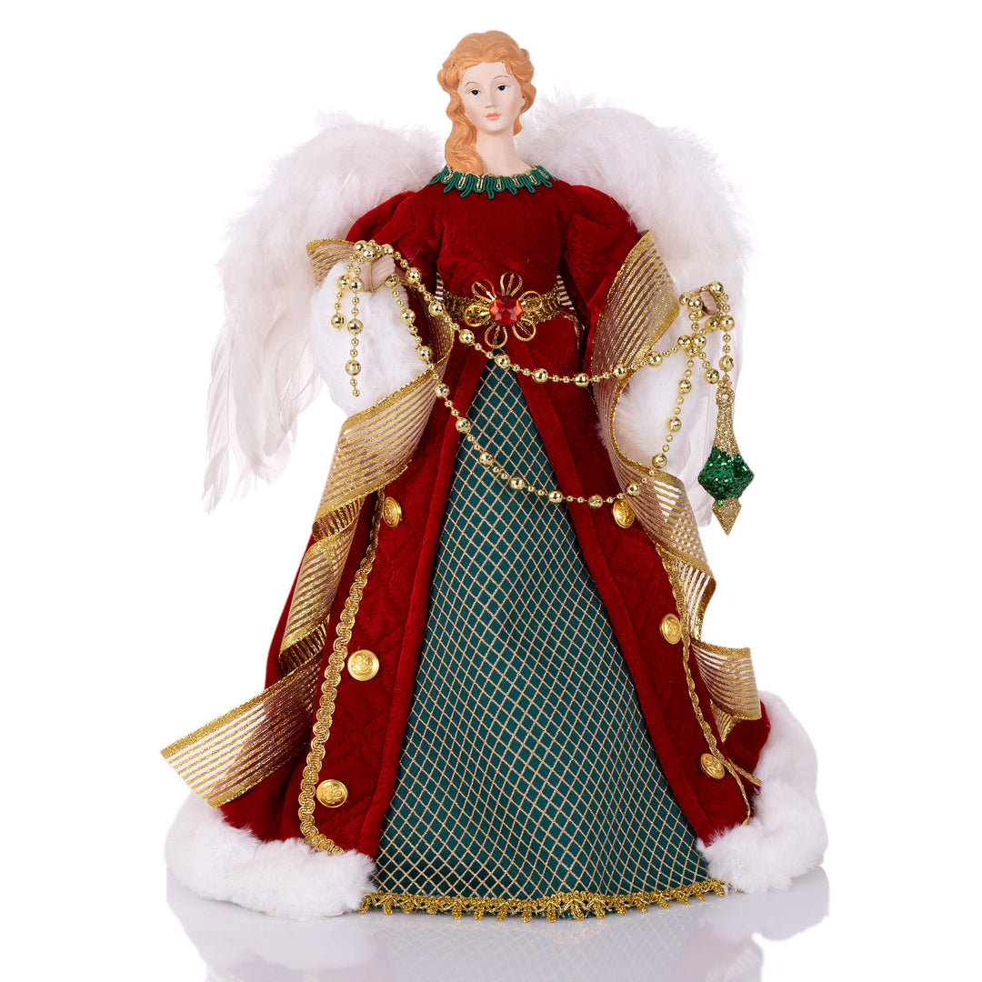Traditional Red, Green and Gold Angel Tree Topper Ornament - 40cm(H)