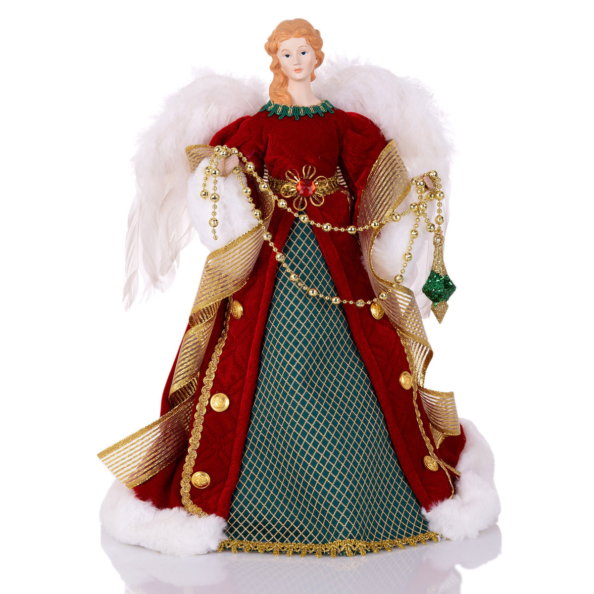 Traditional Red, Green and Gold Angel Tree Topper Ornament - 40cm(H)
