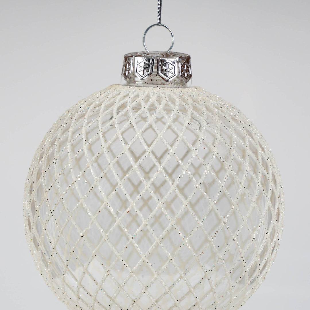 Trio of Clear Handpainted White and Silver Christmas Baubles 10cm
