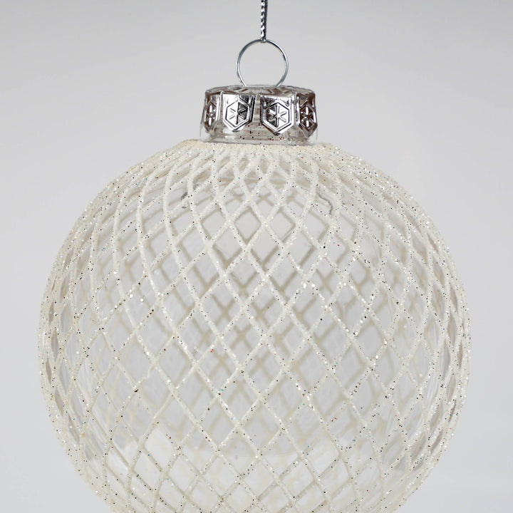 Trio of Clear Handpainted White and Silver Christmas Baubles 10cm