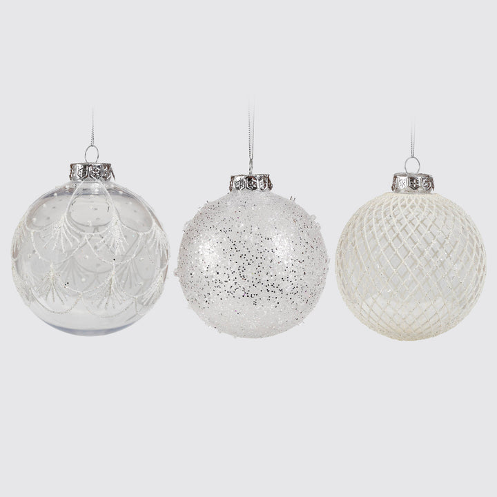 Trio of Clear Handpainted White and Silver Christmas Baubles 10cm