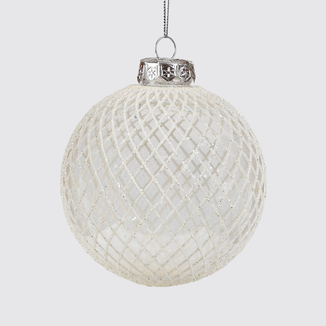 Trio of Clear Handpainted White and Silver Christmas Baubles 10cm