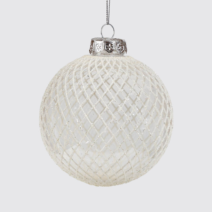 Trio of Clear Handpainted White and Silver Christmas Baubles 10cm