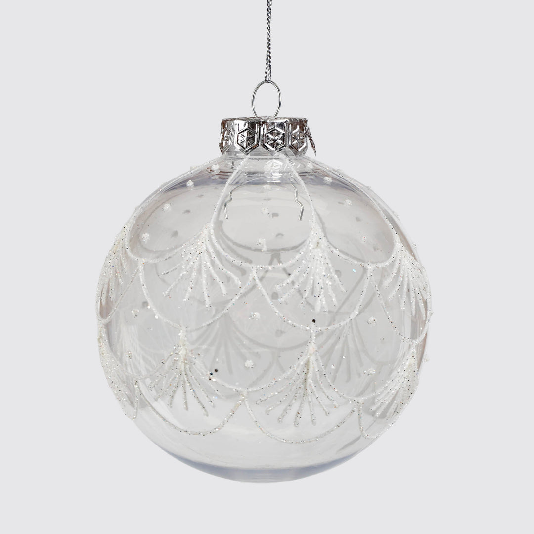 Trio of Clear Handpainted White and Silver Christmas Baubles 10cm