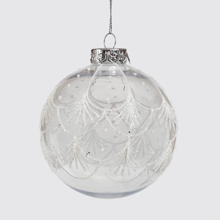 Trio of Clear Handpainted White and Silver Christmas Baubles 10cm