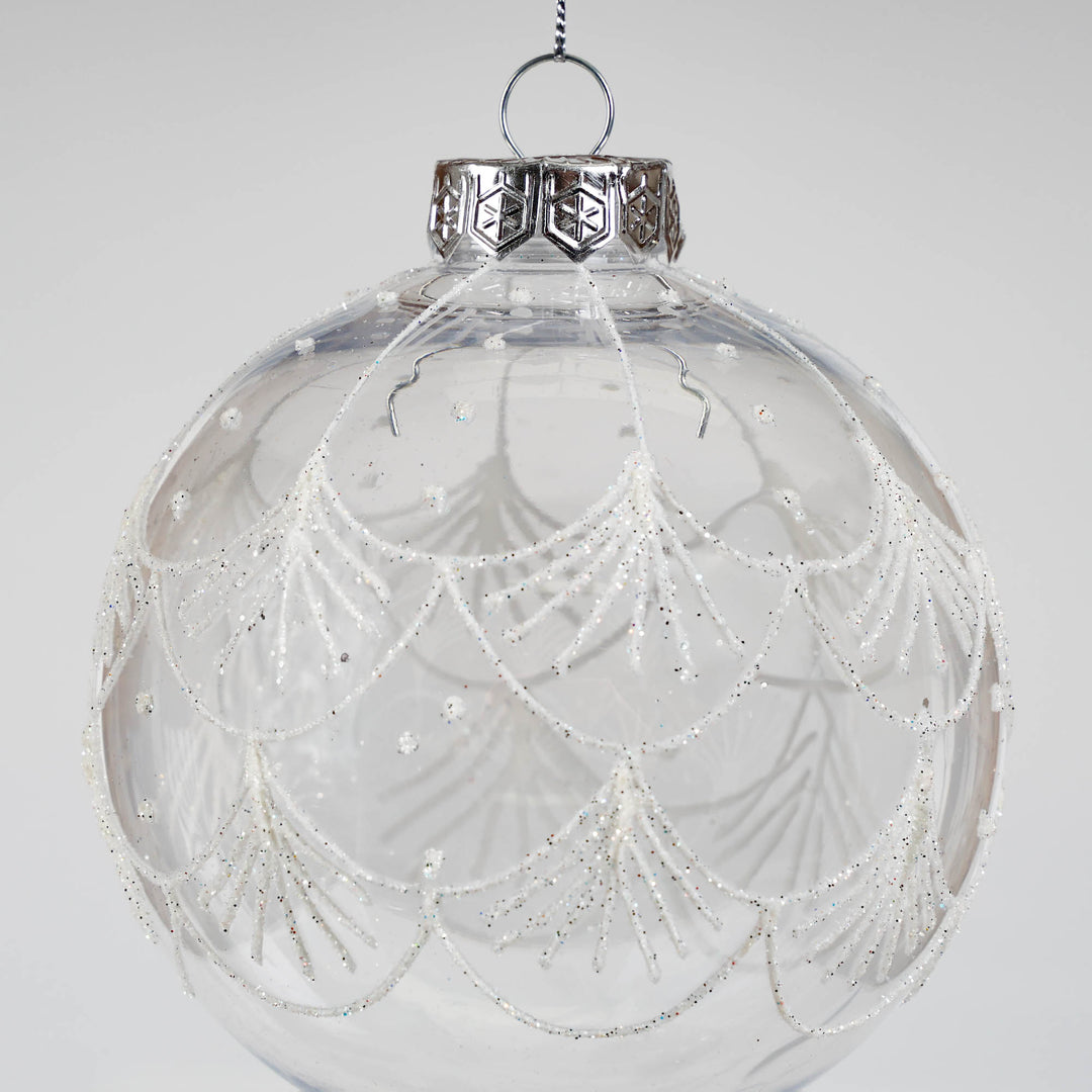 Trio of Clear Handpainted White and Silver Christmas Baubles 10cm